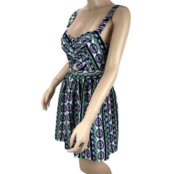 Band Of Gypsies Smocked Cutout Sun Dress Sz MED Blue Green Purple Abstract Print - Picture 3 of 8